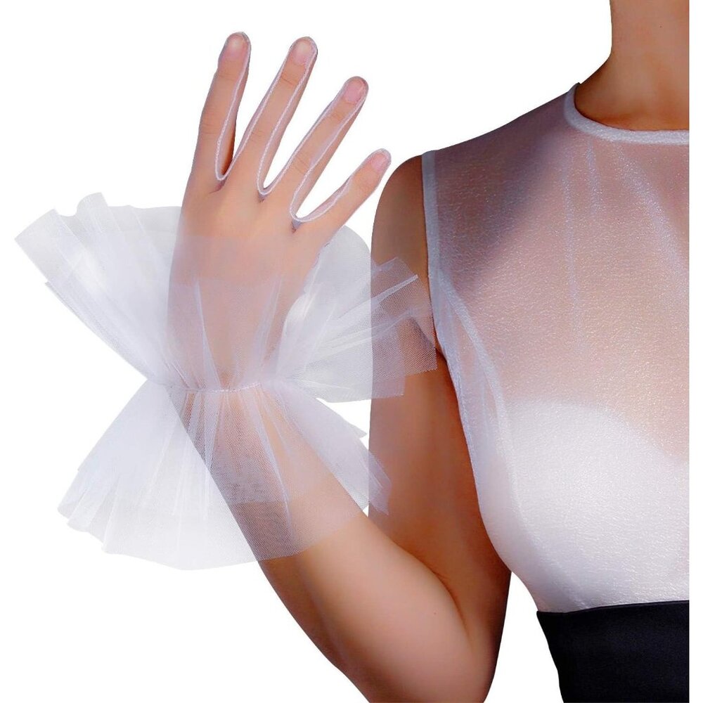 Women's Fashion White Ruffle Tulle Clown Puffy Cuffs Wrist Gloves Evening Party